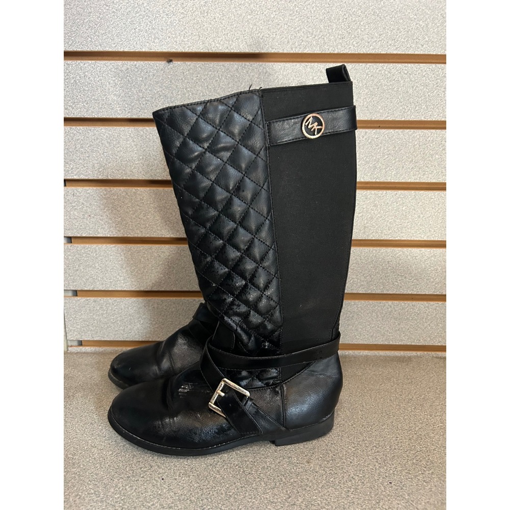 Michael Kors Girls Black Quilted Shayla Riding Boots Size 3 Gold Buckle Logo